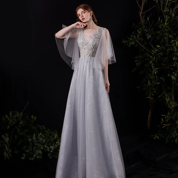 Illusion Grey See-through Prom Dresses 2021 A-Line / Princess Deep V-Neck Short Sleeve Appliques Lace Sequins Floor-Length / Long Ruffle Backless Formal Dresses