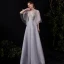 Illusion Grey See-through Prom Dresses 2021 A-Line / Princess Deep V-Neck Short Sleeve Appliques Lace Sequins Floor-Length / Long Ruffle Backless Formal Dresses