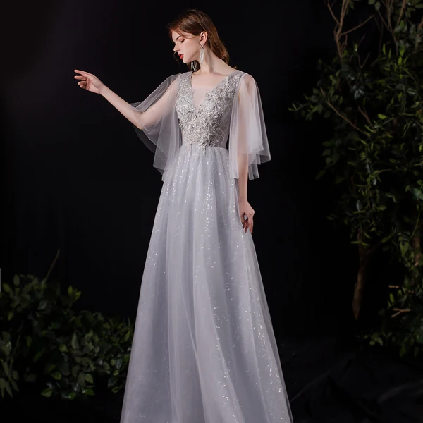 Illusion Grey See-through Prom Dresses 2021 A-Line / Princess Deep V-Neck Short Sleeve Appliques Lace Sequins Floor-Length / Long Ruffle Backless Formal Dresses