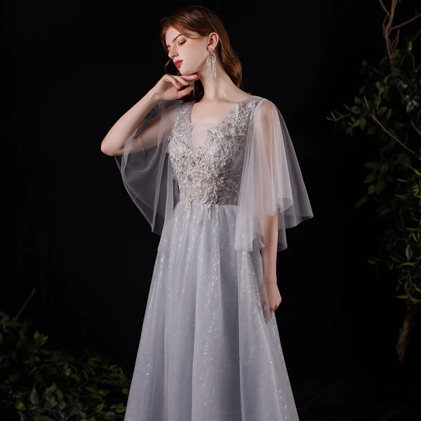 Illusion Grey See-through Prom Dresses 2021 A-Line / Princess Deep V-Neck Short Sleeve Appliques Lace Sequins Floor-Length / Long Ruffle Backless Formal Dresses