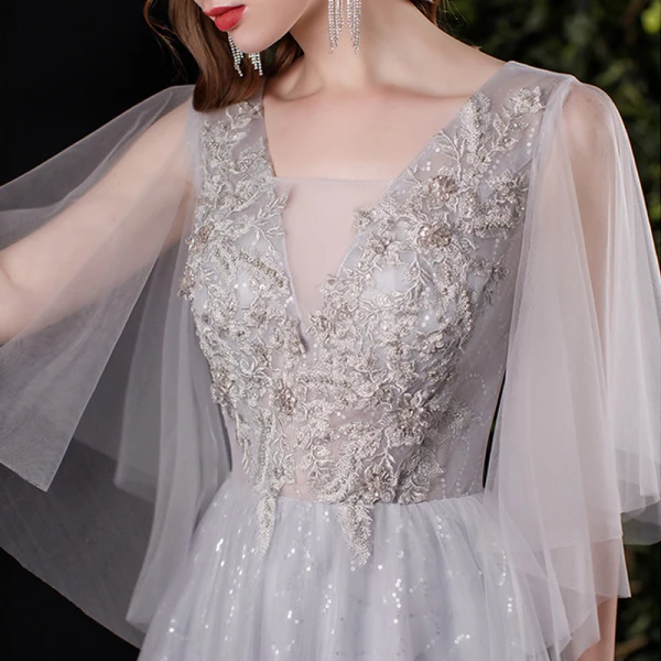 Illusion Grey See-through Prom Dresses 2021 A-Line / Princess Deep V-Neck Short Sleeve Appliques Lace Sequins Floor-Length / Long Ruffle Backless Formal Dresses