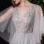Illusion Grey See-through Prom Dresses 2021 A-Line / Princess Deep V-Neck Short Sleeve Appliques Lace Sequins Floor-Length / Long Ruffle Backless Formal Dresses