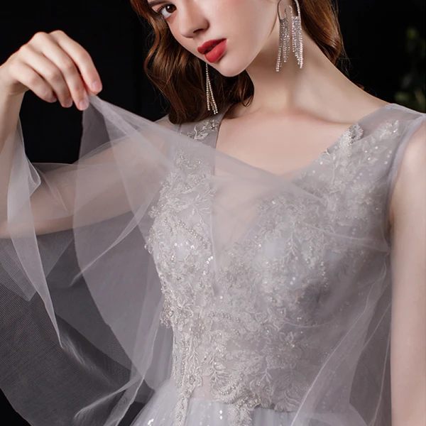 Illusion Grey See-through Prom Dresses 2021 A-Line / Princess Deep V-Neck Short Sleeve Appliques Lace Sequins Floor-Length / Long Ruffle Backless Formal Dresses