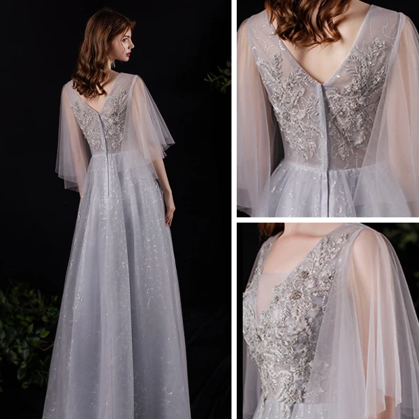 Illusion Grey See-through Prom Dresses 2021 A-Line / Princess Deep V-Neck Short Sleeve Appliques Lace Sequins Floor-Length / Long Ruffle Backless Formal Dresses