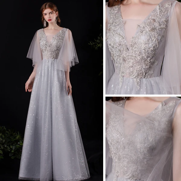 Illusion Grey See-through Prom Dresses 2021 A-Line / Princess Deep V-Neck Short Sleeve Appliques Lace Sequins Floor-Length / Long Ruffle Backless Formal Dresses