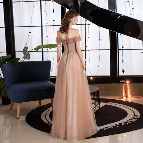 Sparkly Gold Prom Dresses 2021 A-Line / Princess Off-The-Shoulder Short Sleeve Beading Glitter Tulle Floor-Length / Long Ruffle Backless Formal Dresses