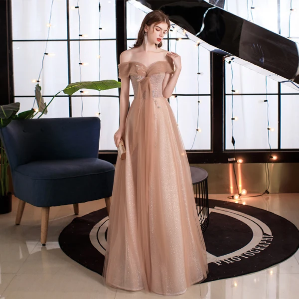 Sparkly Gold Prom Dresses 2021 A-Line / Princess Off-The-Shoulder Short Sleeve Beading Glitter Tulle Floor-Length / Long Ruffle Backless Formal Dresses