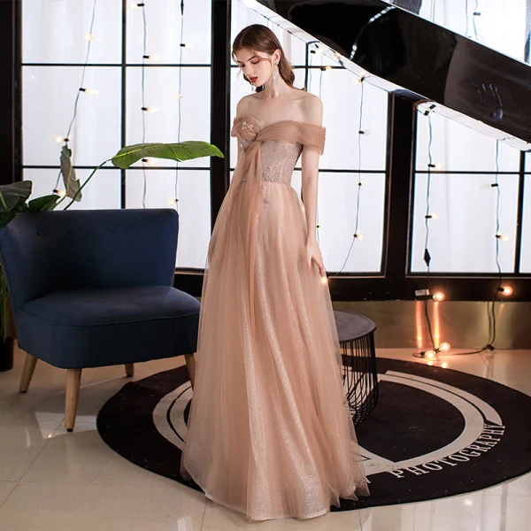 Sparkly Gold Prom Dresses 2021 A-Line / Princess Off-The-Shoulder Short Sleeve Beading Glitter Tulle Floor-Length / Long Ruffle Backless Formal Dresses