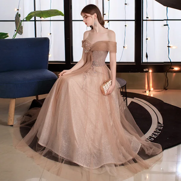 Sparkly Gold Prom Dresses 2021 A-Line / Princess Off-The-Shoulder Short Sleeve Beading Glitter Tulle Floor-Length / Long Ruffle Backless Formal Dresses