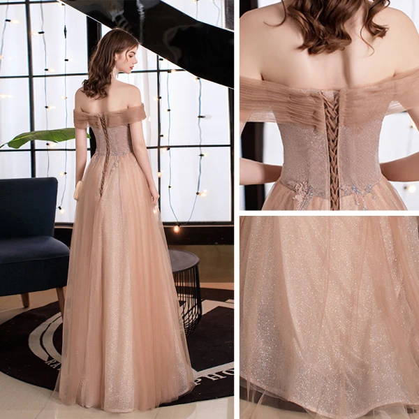 Sparkly Gold Prom Dresses 2021 A-Line / Princess Off-The-Shoulder Short Sleeve Beading Glitter Tulle Floor-Length / Long Ruffle Backless Formal Dresses