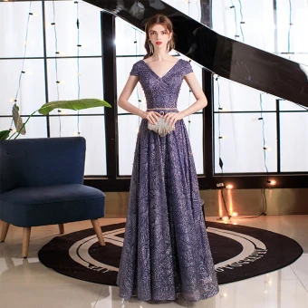 Bling Bling Purple Prom Dresses 2021 A Line Princess V Neck Short Sleeve Sash Beading Pearl Glitter Tulle Floor Length Long Ruffle Backless