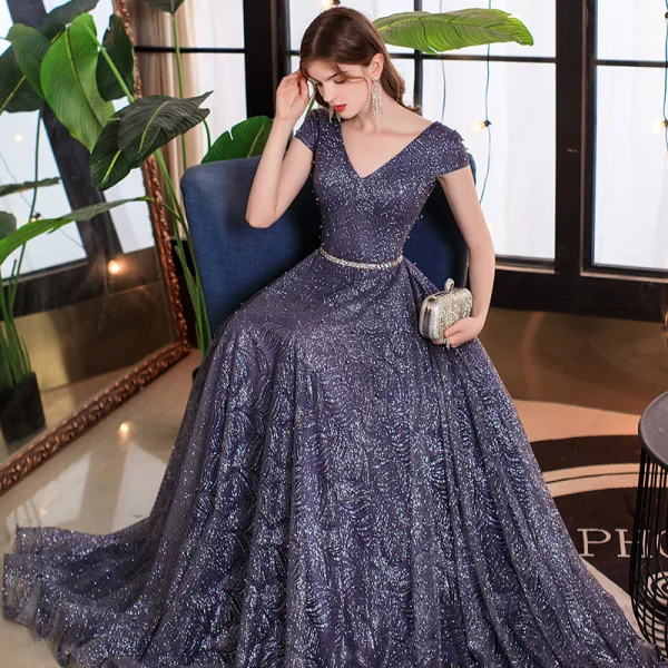 Bling Bling Purple Balklänningar 2021 Prinsessa V-Hals Korta ärm Skärp Beading Pärla Glittriga / Glitter Tyll Långa Ruffle Halterneck