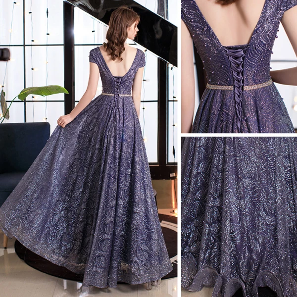 Bling Bling Purple Balklänningar 2021 Prinsessa V-Hals Korta ärm Skärp Beading Pärla Glittriga / Glitter Tyll Långa Ruffle Halterneck
