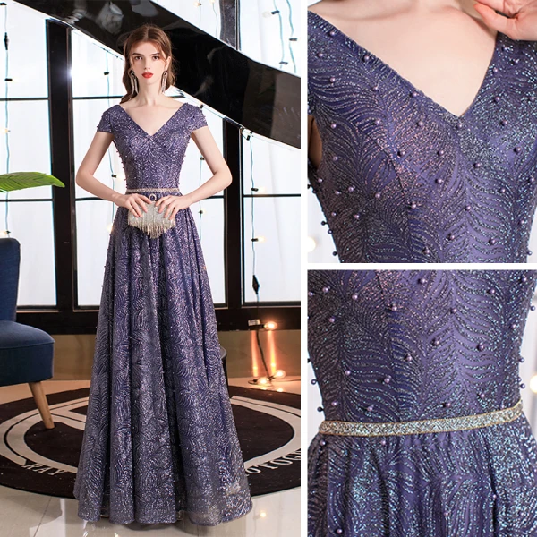 Bling Bling Purple Balklänningar 2021 Prinsessa V-Hals Korta ärm Skärp Beading Pärla Glittriga / Glitter Tyll Långa Ruffle Halterneck