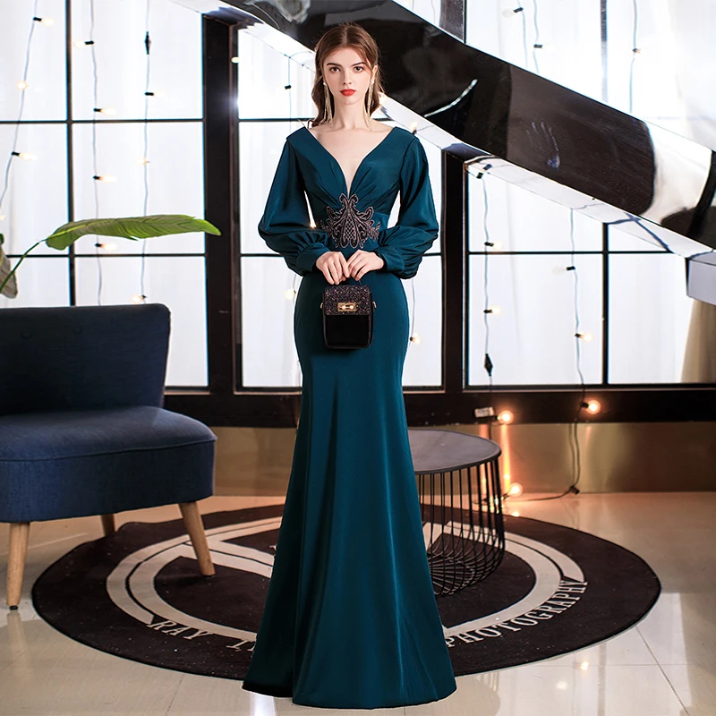 ink blue formal dress Glamorous Half Sleeves Ink Blue Formal Dress Strapless With High Split Gown main image 0