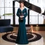 Sexy Ink Blue Evening Dresses  2021 Trumpet / Mermaid Deep V-Neck Puffy Long Sleeve Beading Floor-Length / Long Backless Formal Dresses