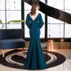 Sexy Ink Blue Evening Dresses  2021 Trumpet / Mermaid Deep V-Neck Puffy Long Sleeve Beading Floor-Length / Long Backless Formal Dresses