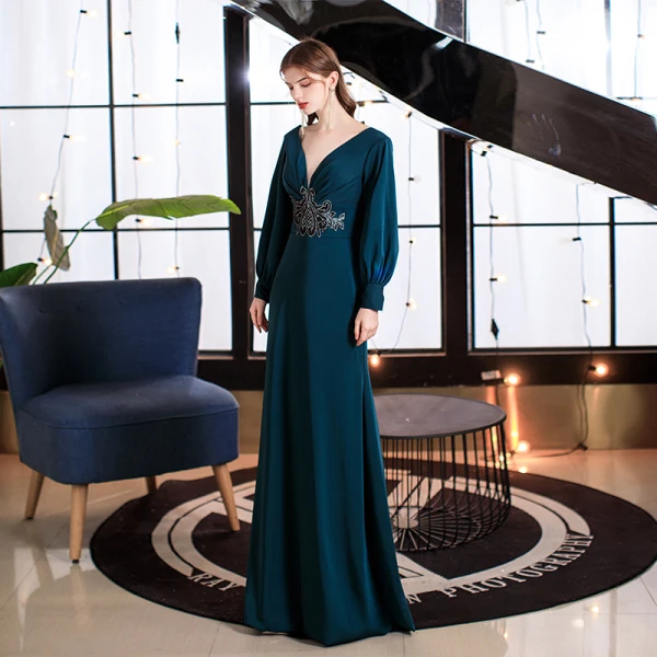Sexy Ink Blue Evening Dresses  2021 Trumpet / Mermaid Deep V-Neck Puffy Long Sleeve Beading Floor-Length / Long Backless Formal Dresses