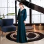 Sexy Ink Blue Evening Dresses  2021 Trumpet / Mermaid Deep V-Neck Puffy Long Sleeve Beading Floor-Length / Long Backless Formal Dresses