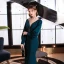 Sexy Ink Blue Evening Dresses  2021 Trumpet / Mermaid Deep V-Neck Puffy Long Sleeve Beading Floor-Length / Long Backless Formal Dresses