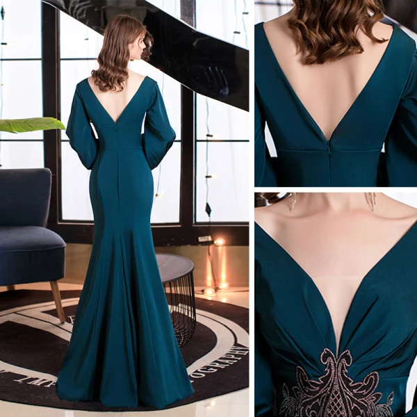 Sexy Ink Blue Evening Dresses  2021 Trumpet / Mermaid Deep V-Neck Puffy Long Sleeve Beading Floor-Length / Long Backless Formal Dresses