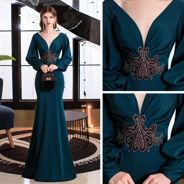 Sexy Ink Blue Evening Dresses  2021 Trumpet / Mermaid Deep V-Neck Puffy Long Sleeve Beading Floor-Length / Long Backless Formal Dresses