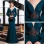 Sexy Ink Blue Evening Dresses  2021 Trumpet / Mermaid Deep V-Neck Puffy Long Sleeve Beading Floor-Length / Long Backless Formal Dresses