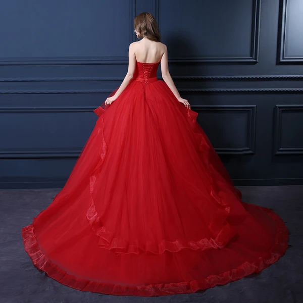 Vintage / Retro Quinceañera Red Wedding Dresses 2021 Ball Gown Sweetheart Sleeveless Backless Rhinestone Sash Sweep Train Ruffle