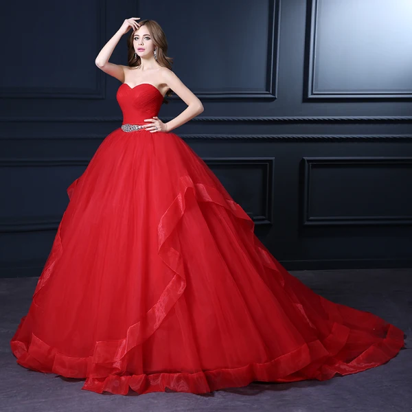 Vintage / Retro Quinceañera Red Wedding Dresses 2021 Ball Gown Sweetheart Sleeveless Backless Rhinestone Sash Sweep Train Ruffle