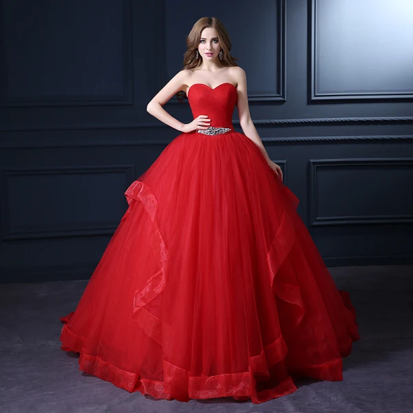 Vintage / Retro Quinceañera Red Wedding Dresses 2021 Ball Gown Sweetheart Sleeveless Backless Rhinestone Sash Sweep Train Ruffle