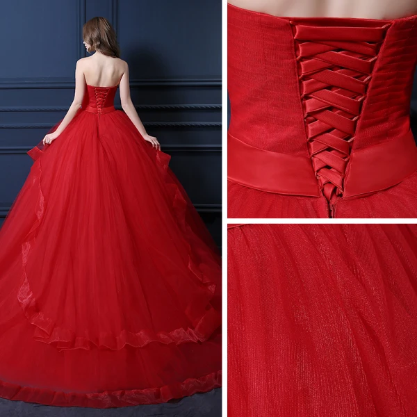 Vintage / Retro Quinceañera Red Wedding Dresses 2021 Ball Gown Sweetheart Sleeveless Backless Rhinestone Sash Sweep Train Ruffle