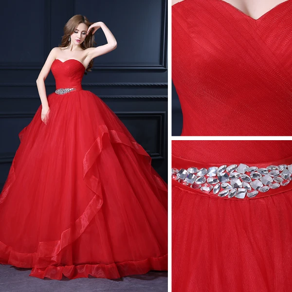 Vintage / Retro Quinceañera Red Wedding Dresses 2021 Ball Gown Sweetheart Sleeveless Backless Rhinestone Sash Sweep Train Ruffle