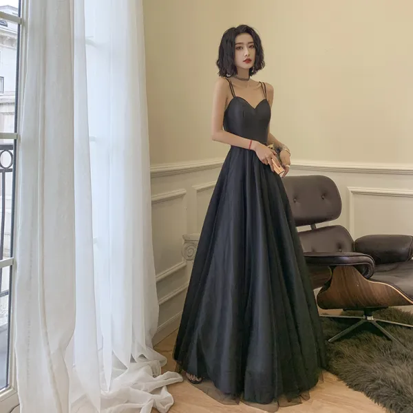 Modest / Simple Black Dancing Prom Dresses 2021 A-Line / Princess Spaghetti Straps Sleeveless Floor-Length / Long Ruffle Backless Formal Dresses