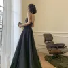 Modest / Simple Black Dancing Prom Dresses 2021 A-Line / Princess Spaghetti Straps Sleeveless Floor-Length / Long Ruffle Backless Formal Dresses