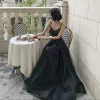 Simple Noire Dansant Robe De Bal 2021 Princesse Bretelles Spaghetti Sans Manches Longue Volants Dos Nu Robe De Ceremonie