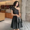 Modest / Simple Black Party Dresses 2021 A-Line / Princess One-Shoulder Sleeveless Short Ruffle Backless Formal Dresses