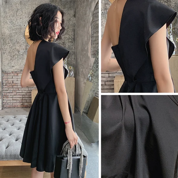 Schlicht Schwarz Partykleider 2021 A Linie One-Shoulder Ärmellos Kurze Rüschen Rückenfreies Festliche Kleider