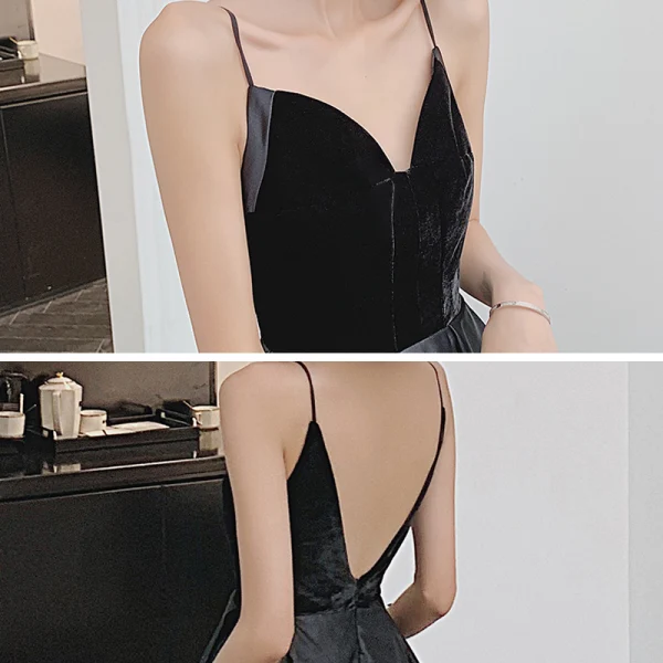 Schlicht Schwarz Velour Satin Tanzen Ballkleider 2021 A Linie Spaghettiträger Ärmellos Lange Rüschen Rückenfreies Festliche Kleider