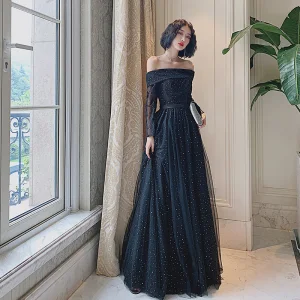Bling Bling Black Dancing Prom Dresses 2021 A Line Princess Off The Shoulder Short Sleeve Sequins Tulle Floor Length Long Ruffle Backless Formal Dresses