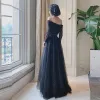 Bling Bling Black Dancing Prom Dresses 2021 A-Line / Princess Off-The-Shoulder Short Sleeve Sequins Tulle Floor-Length / Long Ruffle Backless Formal Dresses