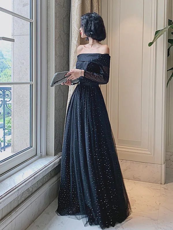 Bling Bling Black Dancing Prom Dresses 2021 A-Line / Princess Off-The-Shoulder Short Sleeve Sequins Tulle Floor-Length / Long Ruffle Backless Formal Dresses
