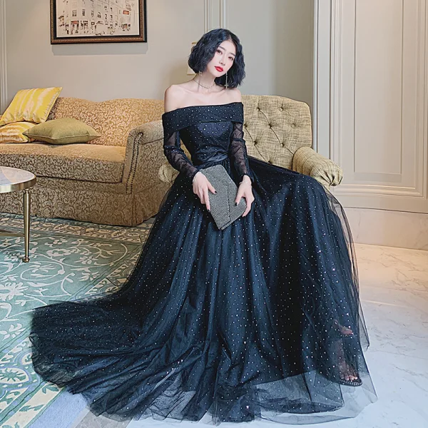 Bling Bling Black Dancing Prom Dresses 2021 A-Line / Princess Off-The-Shoulder Short Sleeve Sequins Tulle Floor-Length / Long Ruffle Backless Formal Dresses