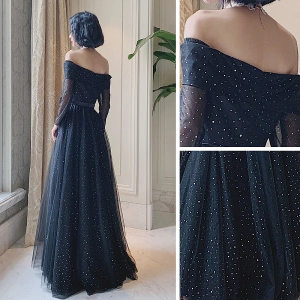 Bling Bling Black Dancing Prom Dresses 2021 A-Line / Princess Off-The-Shoulder Short Sleeve Sequins Tulle Floor-Length / Long Ruffle Backless Formal Dresses
