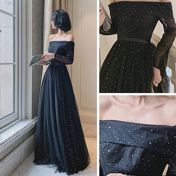 Bling Bling Black Dancing Prom Dresses 2021 A-Line / Princess Off-The-Shoulder Short Sleeve Sequins Tulle Floor-Length / Long Ruffle Backless Formal Dresses