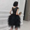 Fashion Black Party Dresses 2021 Ball Gown V-Neck Sleeveless Sequins Short Cascading Ruffles Backless Formal Dresses