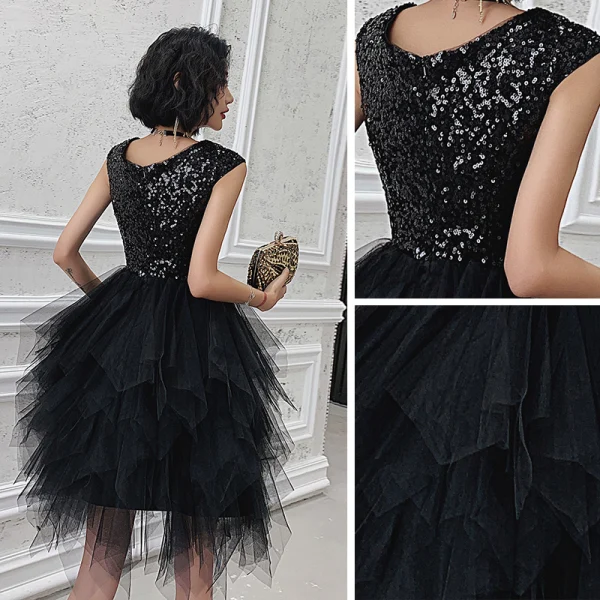Fashion Black Party Dresses 2021 Ball Gown V-Neck Sleeveless Sequins Short Cascading Ruffles Backless Formal Dresses