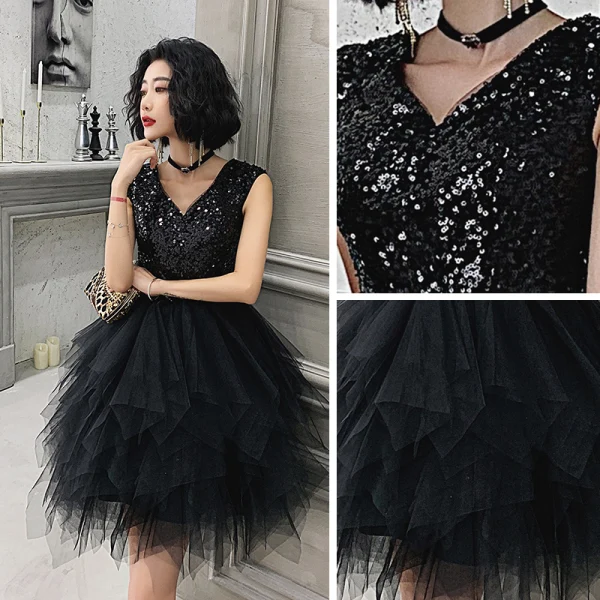 Fashion Black Party Dresses 2021 Ball Gown V-Neck Sleeveless Sequins Short Cascading Ruffles Backless Formal Dresses