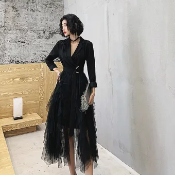 Chic Beautiful Black Homecoming Graduation Dresses 2021 A Line Princess V Neck 3 4 Sleeve Tea Length Cascading Ruffles Formal Dresses