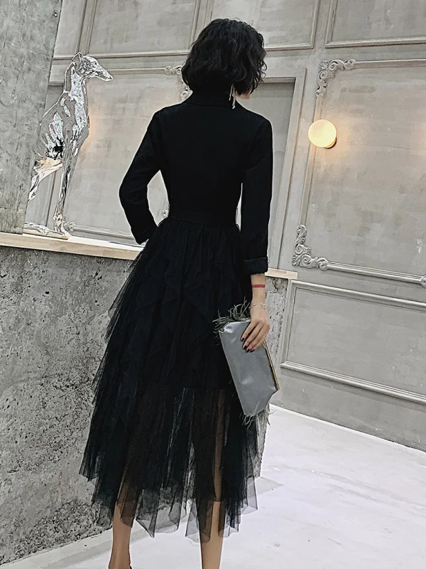 Chic / Beautiful Black Homecoming Graduation Dresses 2021 A-Line / Princess V-Neck 3/4 Sleeve Tea-length Cascading Ruffles Formal Dresses