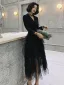 Chic / Beautiful Black Homecoming Graduation Dresses 2021 A-Line / Princess V-Neck 3/4 Sleeve Tea-length Cascading Ruffles Formal Dresses